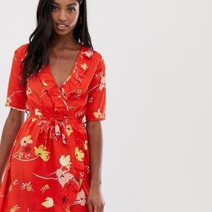 Floral Wrap Dress With Tie Sleeve and Ruffle
